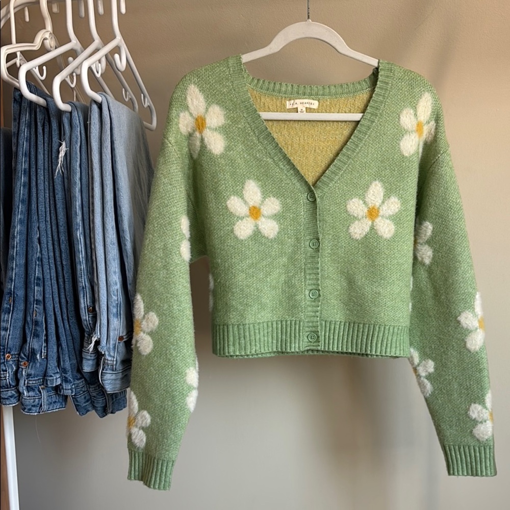 La Hearts Green Daisy Knit Cardigan with Yellow Centers - Picture 2 of 5